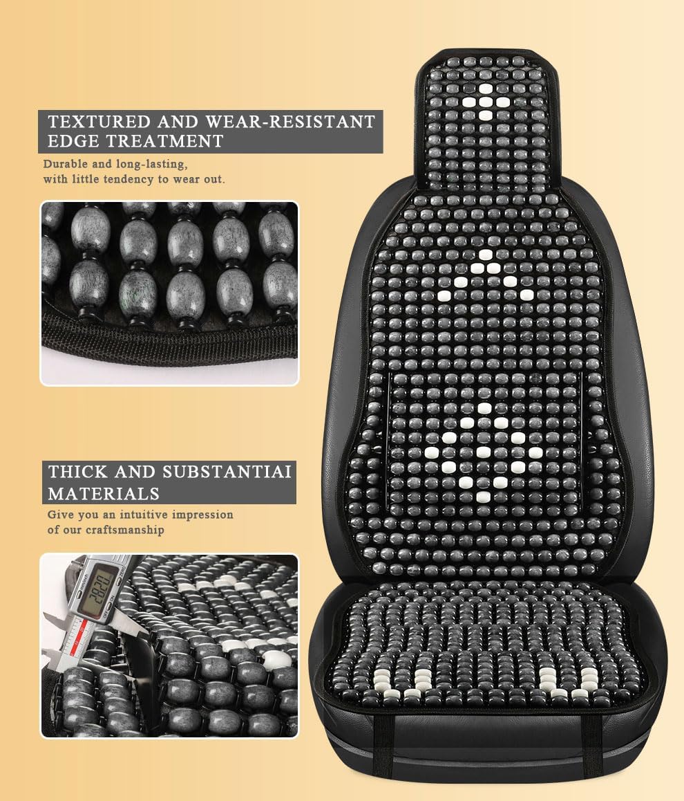 Wood Beaded Car Seat Cover Massaging Breathable Cooling Gray Real Wood Bead Cushion Universal Fit for Sedan, SUV & Truck. The Ergonomic Lumbar Support Can Relieve Painful from Long Trips