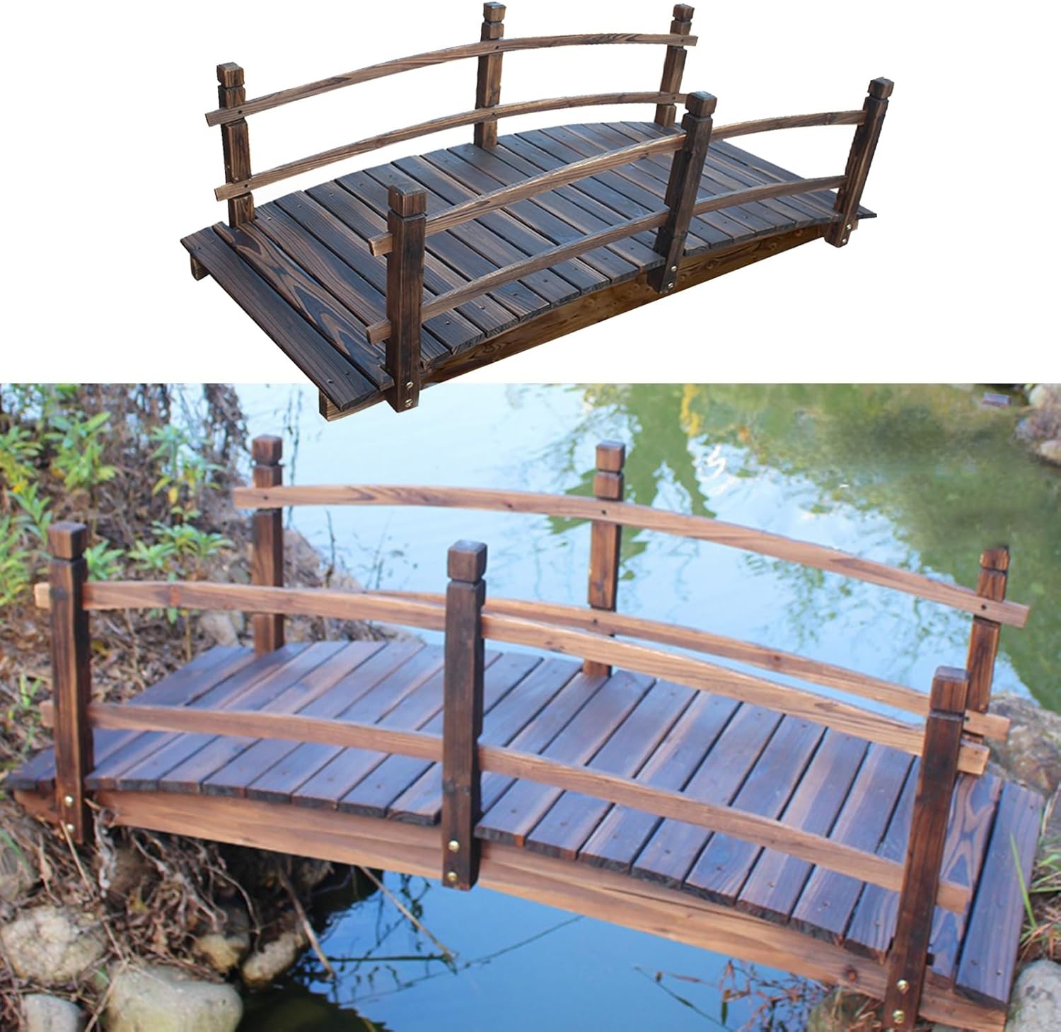 140cm Long Outdoor Garden Bridge, Yard Footbridge Walkway Wooden, Stained Finish Arch Garden Bridge Landscaping with Safety Handrails