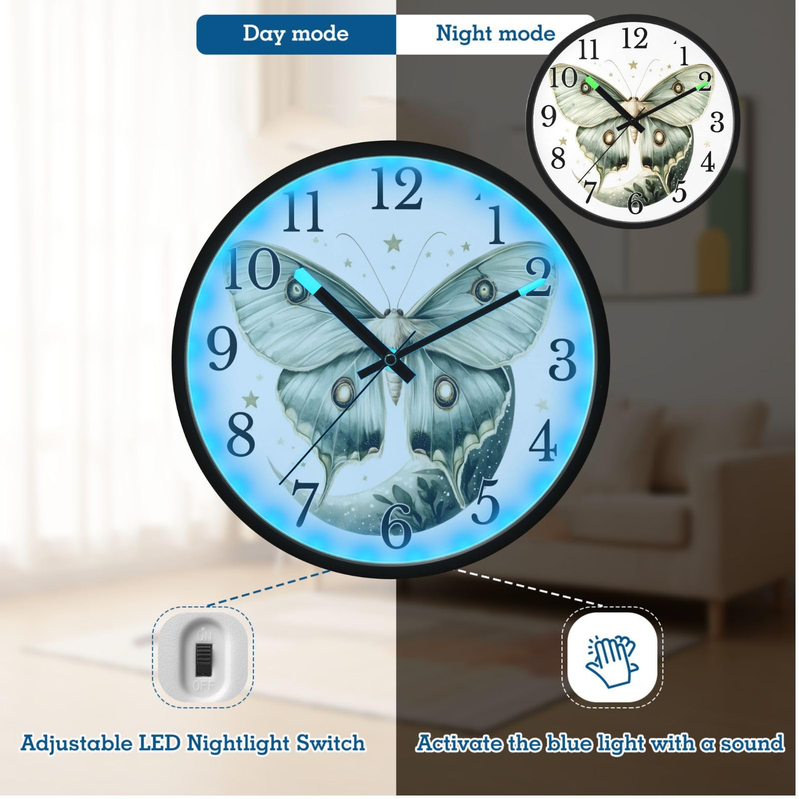 Mnsruu Reloj de pared luminoso Luna polilla luna blanca estrellas reloj de pared brilla en la oscuridad relojes de pared funciona con pilas, 12 pulgadas, silencioso, sin tictac, luz nocturna para