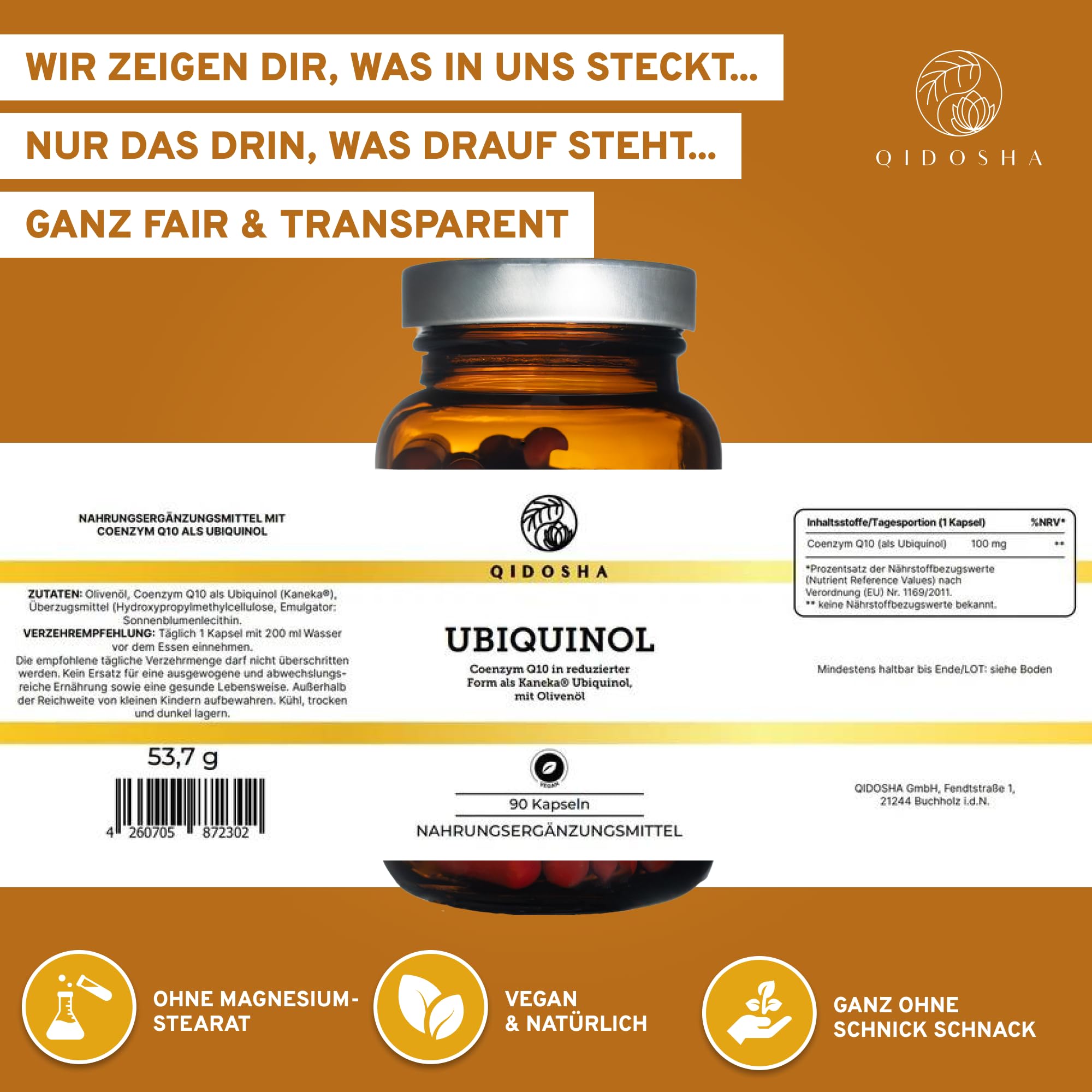 QIDOSHA® Kaneka Ubiquinol, 90 Kapseln, 100mg Ubiquinol je Kapsel, vegane Ubichinol Softgel-Kapseln, Coenzym Q10 flüssig, eingebettet in Olivenöl für optimale Bioverfügbarkeit