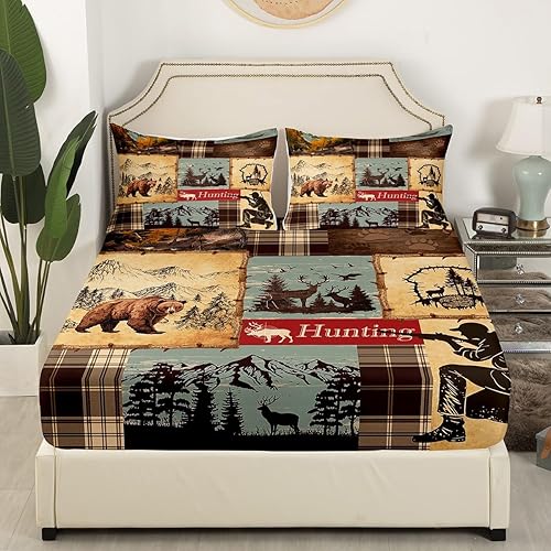 Miniatura 251 de Sábana bajera ajustable de oso de caza, juego de ropa de cama a cuadros de búfalo, sábanas de retazos de cabaña rústica para niños, niños, Multi