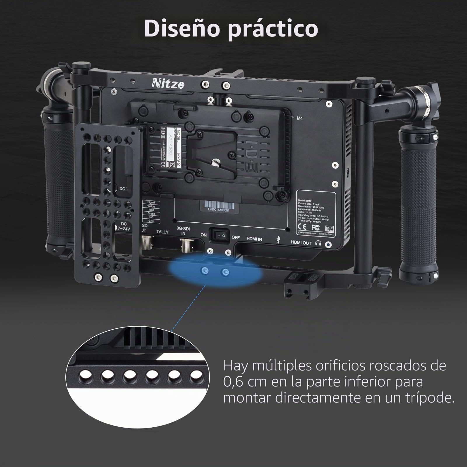 Nitze Director's Monitor Cage para Monitores LCD de 5"/7"/9", Jaula Universal para Monitor con Mango Lateral de Goma Ajustable - JSQ-002 | Asas ajustables, plato de queso