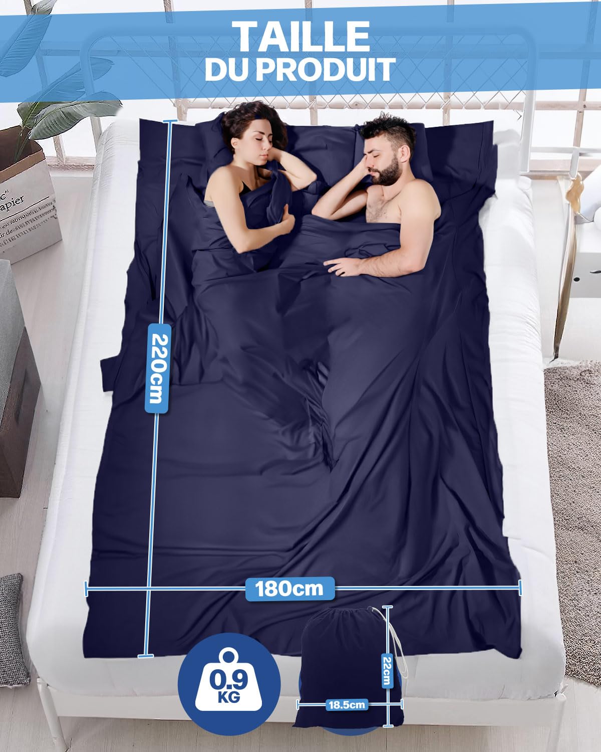 Drap de Sac de Couchage Double Avec Compartiment pour Oreiller, Microfibres Ultraléger, Séchage Rapide, Compact de Voyage 220 * 180CM, Bleu