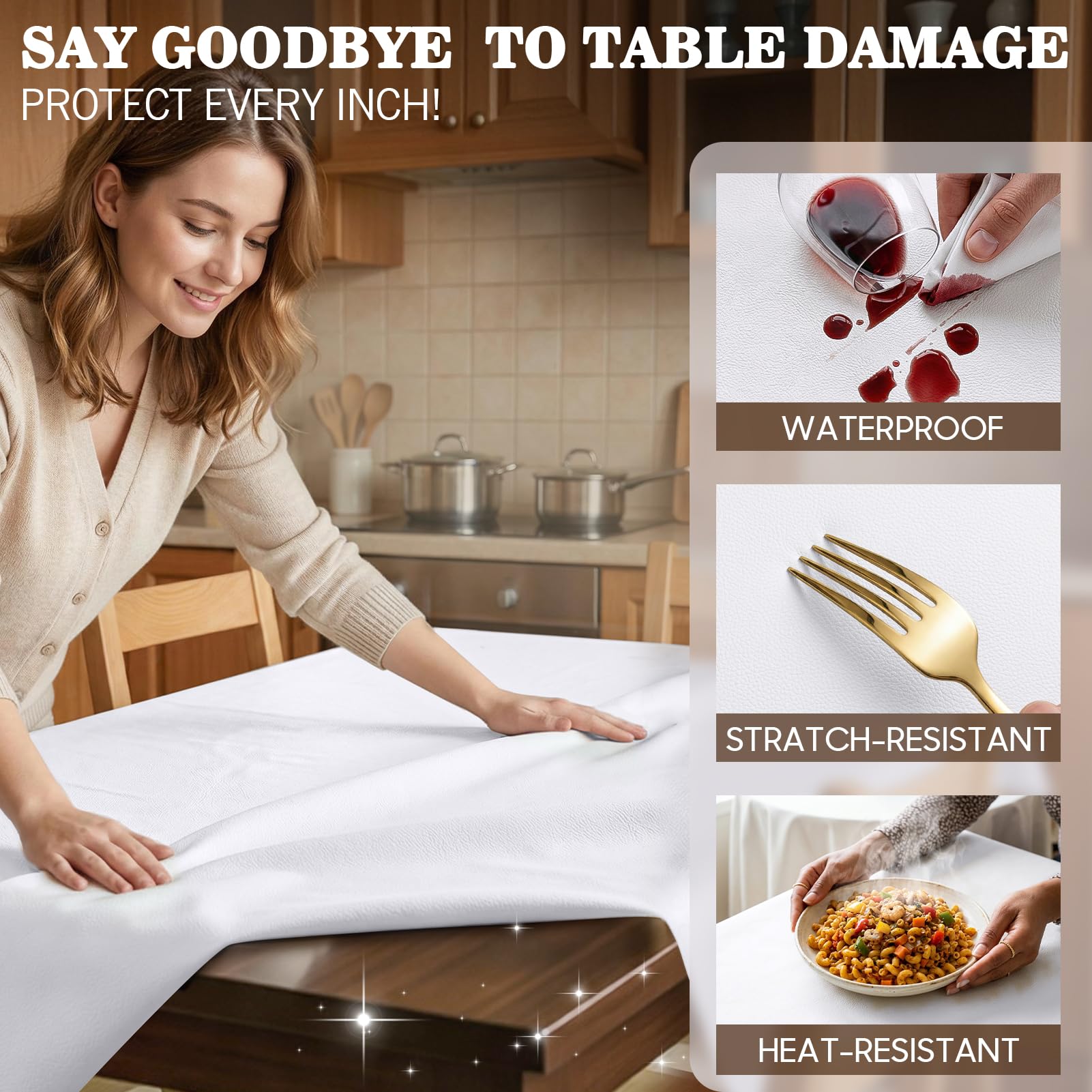 Vinyl Table Protector Pad for Dining Room, Heat Resistant&Scratch Proof Tablecloth with Flannel Backing, Easy to Clean & Trim, Waterproof Heavy Duty Table Cover, Reusable Pad 90" x 54" - 3