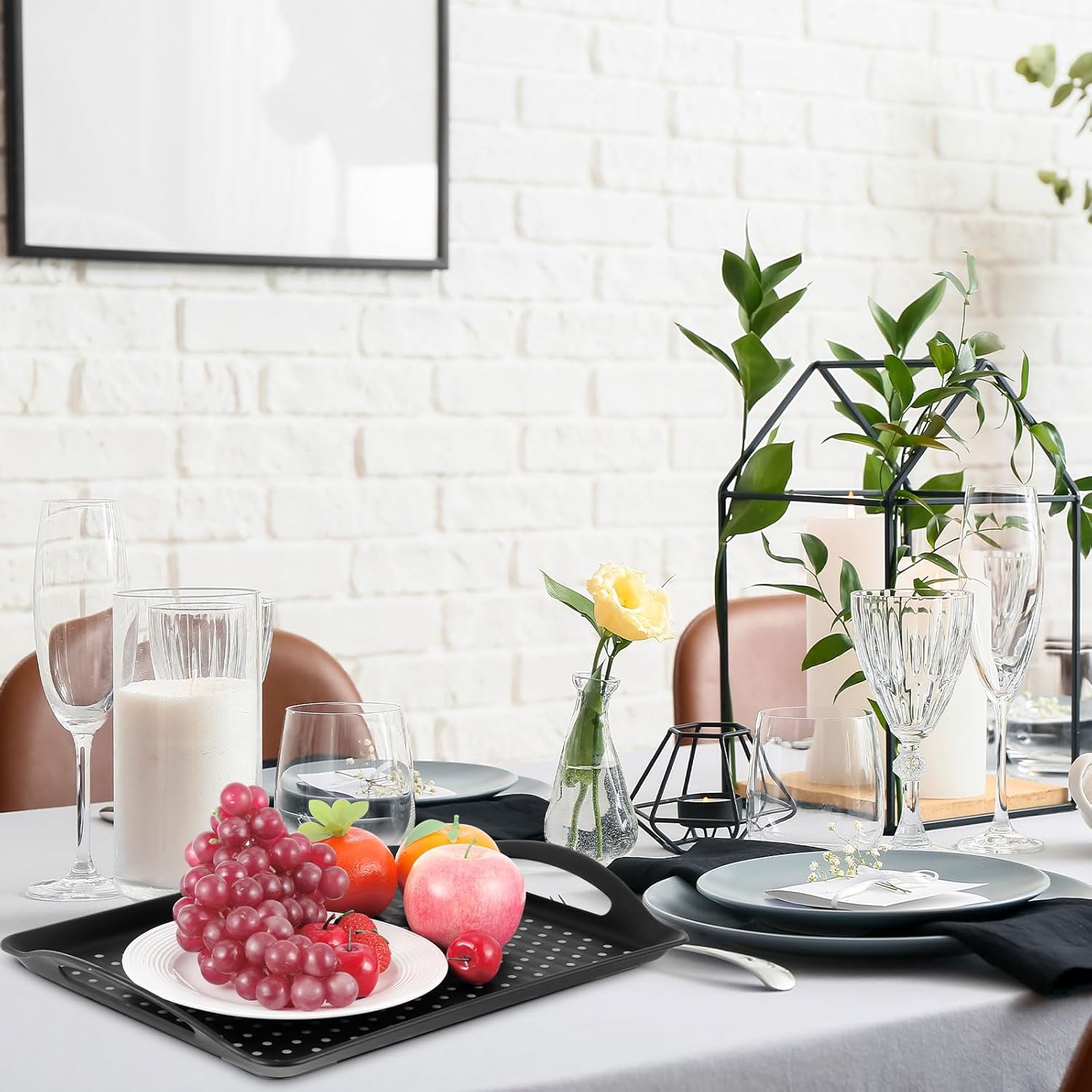 Uiifan 6 Pcs Non Slip Serving Tray with Handles 16.8 x 11.6 Inch Large Food Trays for Eating Breakfast Dinner Bed Snack Fruit Dessert Drink Beverage(Black)