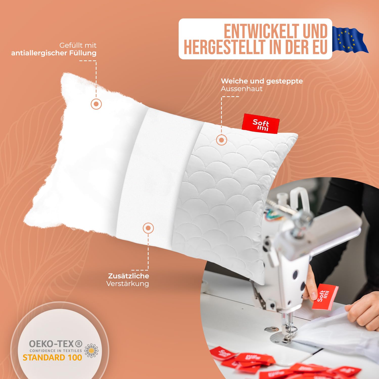 Pikowana poduszka premium SOFTIMI – antyalergiczna – antyroztoczowa – bezzapachowa do natychmiastowego użytku – z regulacją twardości (zestaw 2 szt. 50 x 70 cm)