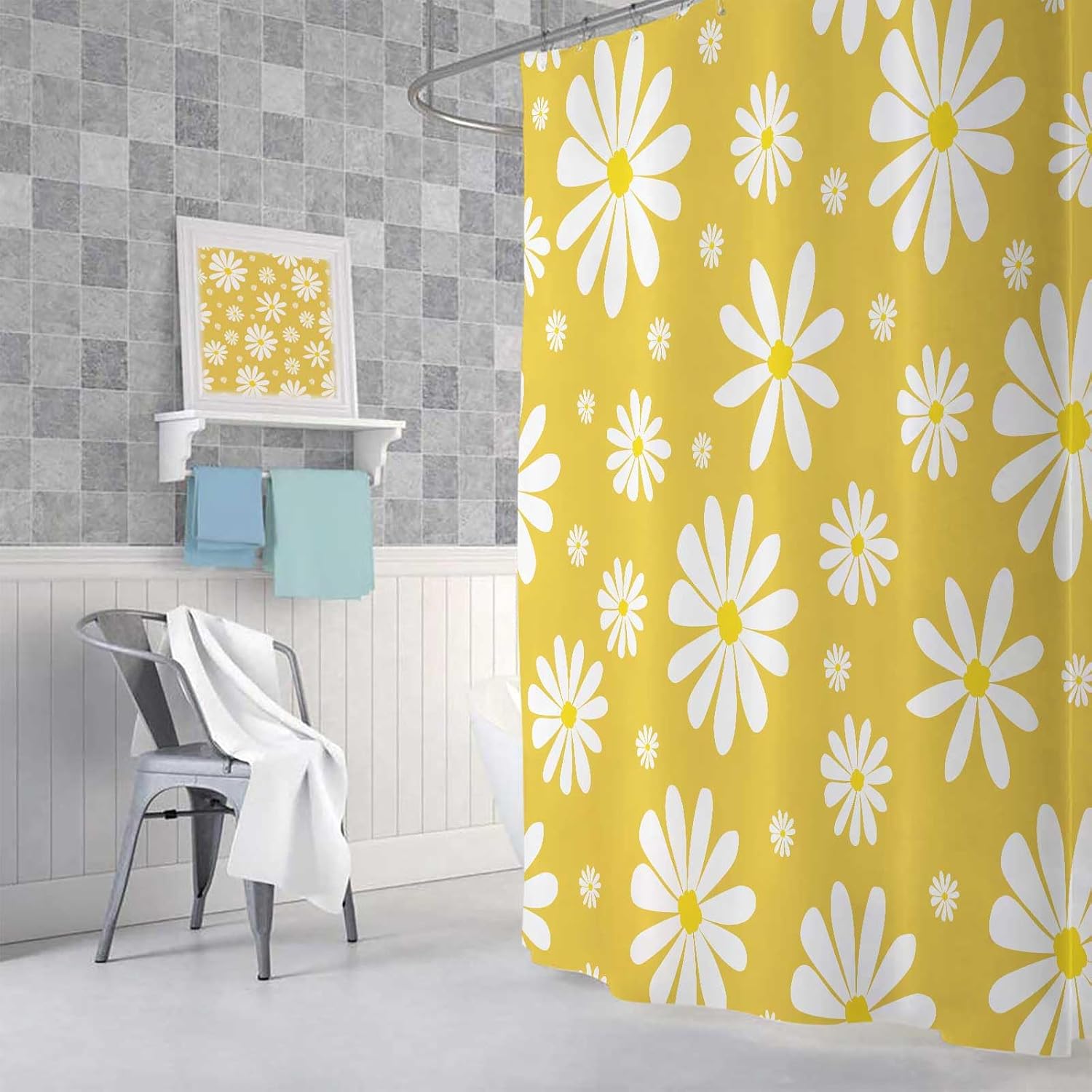 Yellow Daisy Floral Shower Curtain, Cute Boho White and Yellow Groovy Retro Flower Fabric Shower Curtains Set for Girls Bathroom Decorative, Aesthetic Restroom Decor Accessories with Hooks 72X72 Inch image 4