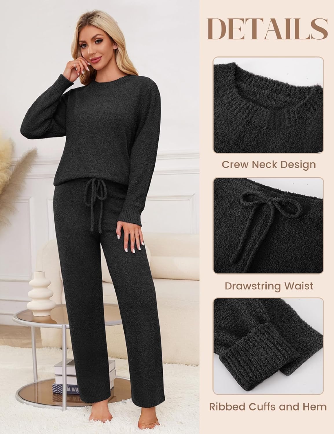 Womens Fuzzy Fleece Pajamas Set 2 Piece Cozy Pjs Lounge Set Warm Long Sleeve Knit Pullover Sweater Pants Loungewear - Image 3