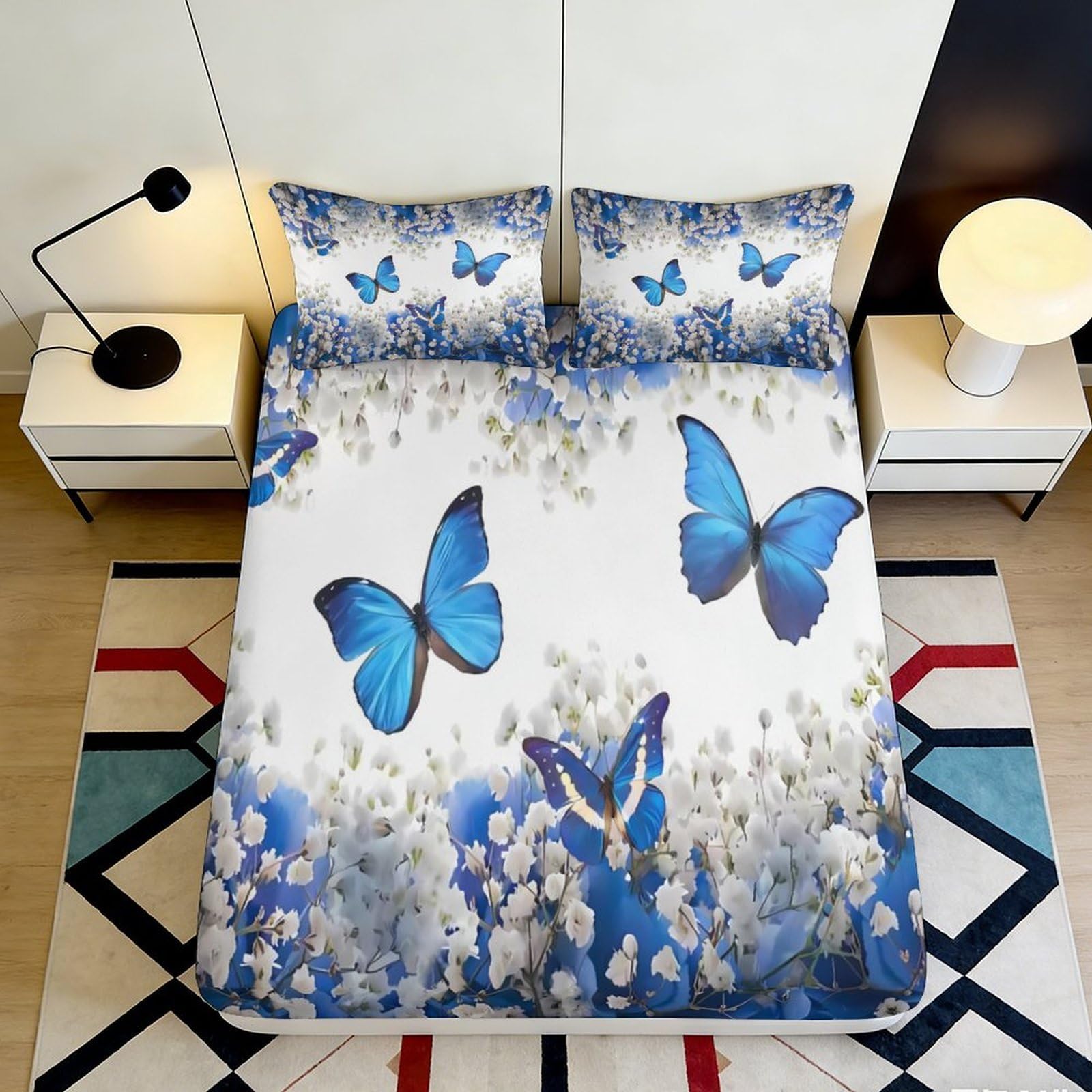 Rqzkjxnhpf Style-1 3D Printed Butterfly Floral Fitted Sheet Microfiber Deep Pocket Non-Slip Bedding Butterfly Pattern Mattress Fitted Cover Washable Full Wrap 200X200x25cm 90X200x25cm