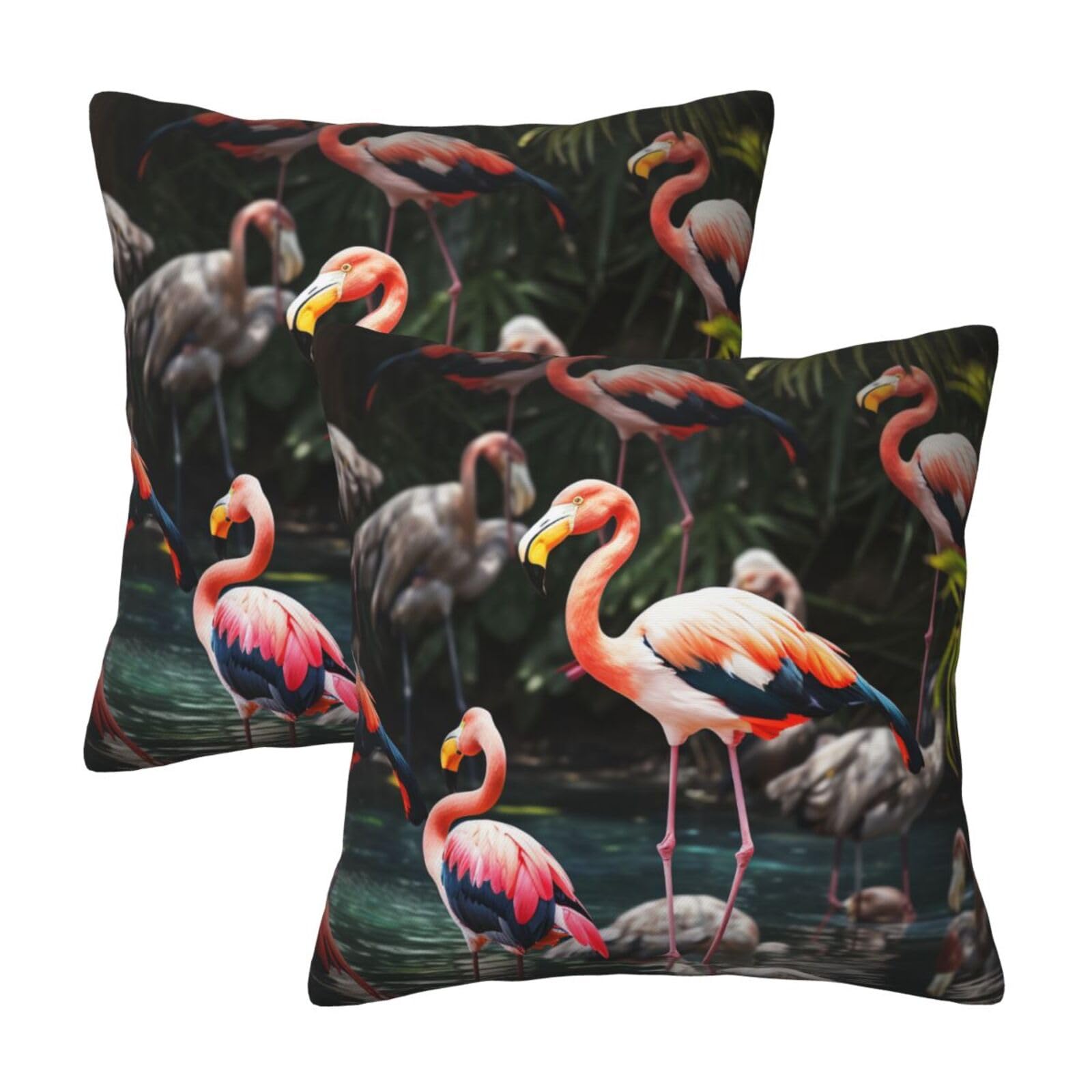 Flamingo Tropical Wildlife Throw Pillow Cases 2 Pack Square Pillowcases Soft Pillow Protectors for Couch Livingroom Sofa Bed Office Car,50x50 CM