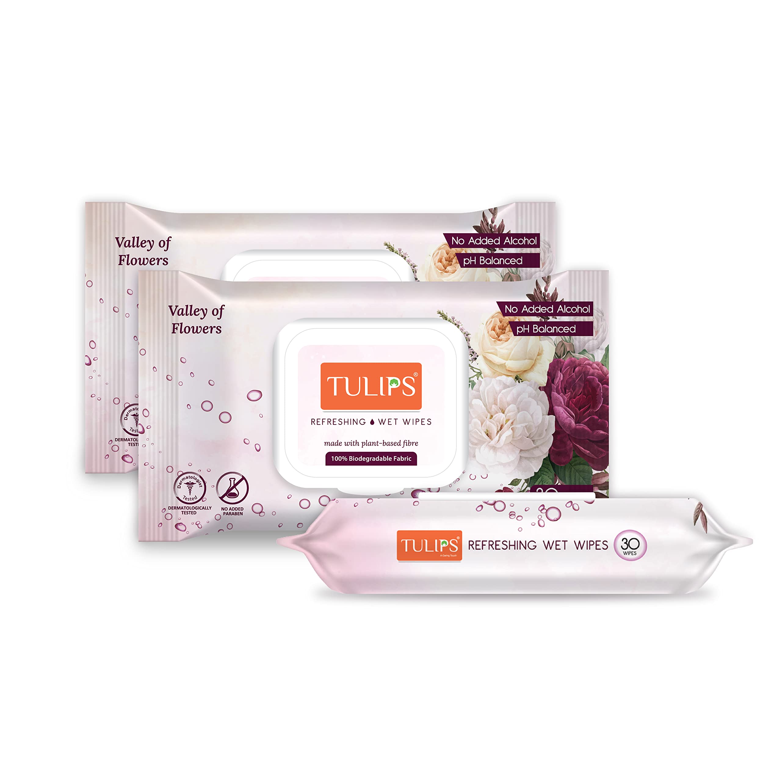 Tulips Refreshing Wet Wipes LID Pack (Valley of Flower, Pack of 3)