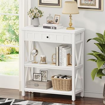 FATORRI Small Bookcase with Drawer, Wood and Metal Bookshelf for Small Space, Short Book Shelf and Low Book Case for Living Room White Oak