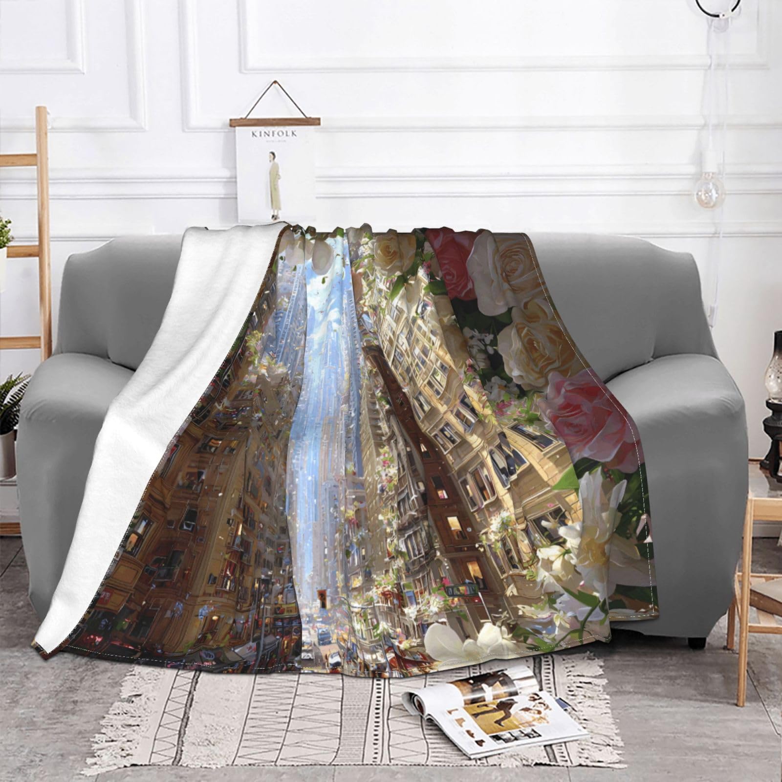 Manta de viaje portátil de 80 x 60 pulgadas, suave, resistente a las arrugas, plegable, exquisito estampado de flores de ciudad