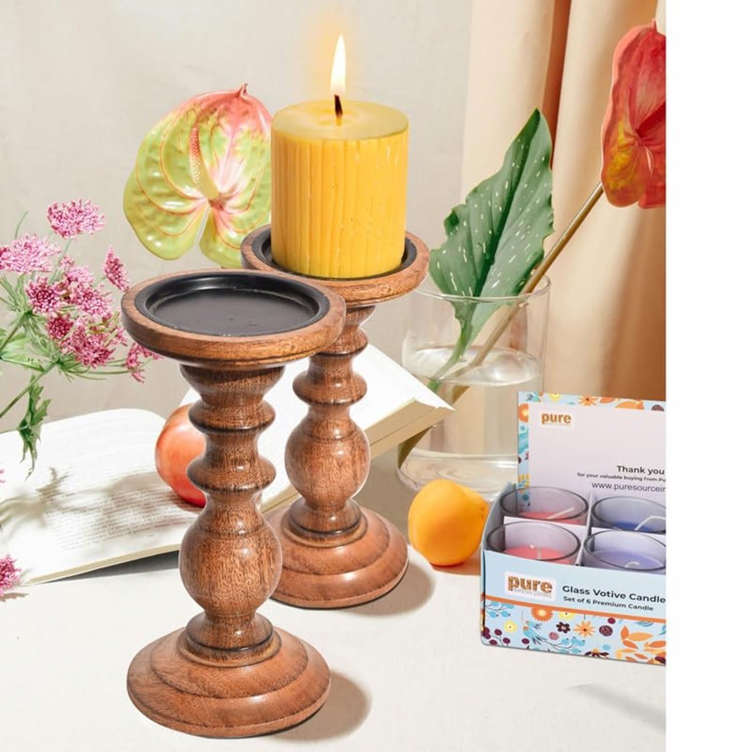 Pure Source India Wooden Candle Holder for Pillar Candles, Natural Mango Wood Vintage Style 8" Tall Candle Stand for Fireplace Dining Table Centrepiece, Decorative Item for Home-image-11