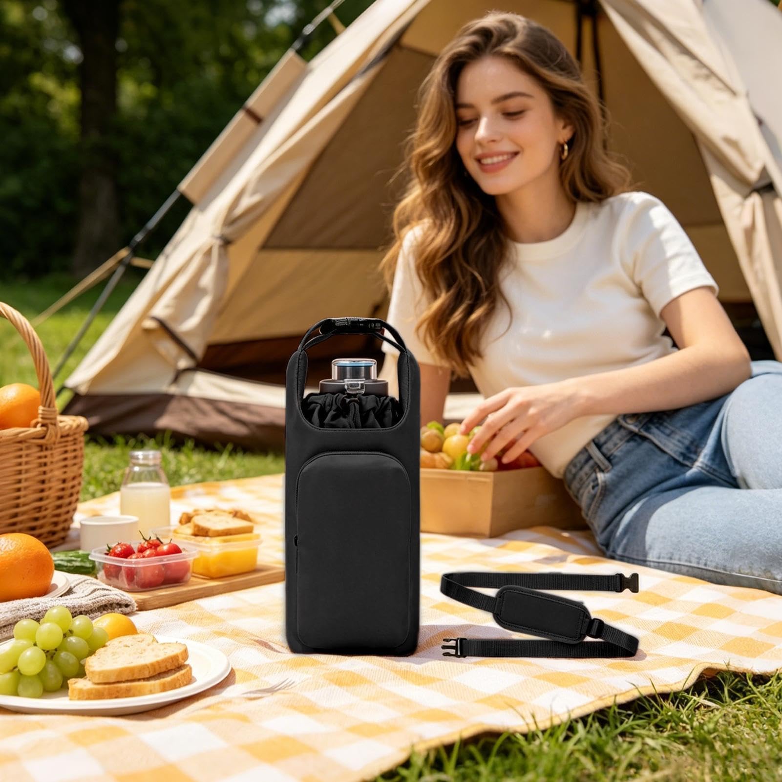 Wasserflaschenhalter mit Gurt, verstellbare isolierte Tasche mit Kordelzug mit Tasche, Wasserflaschenriemen, für Fitnessstudio, Wandern, Reisen, Outdoor, Strand, Büro, Schule, Auto, Kreuzfahrt