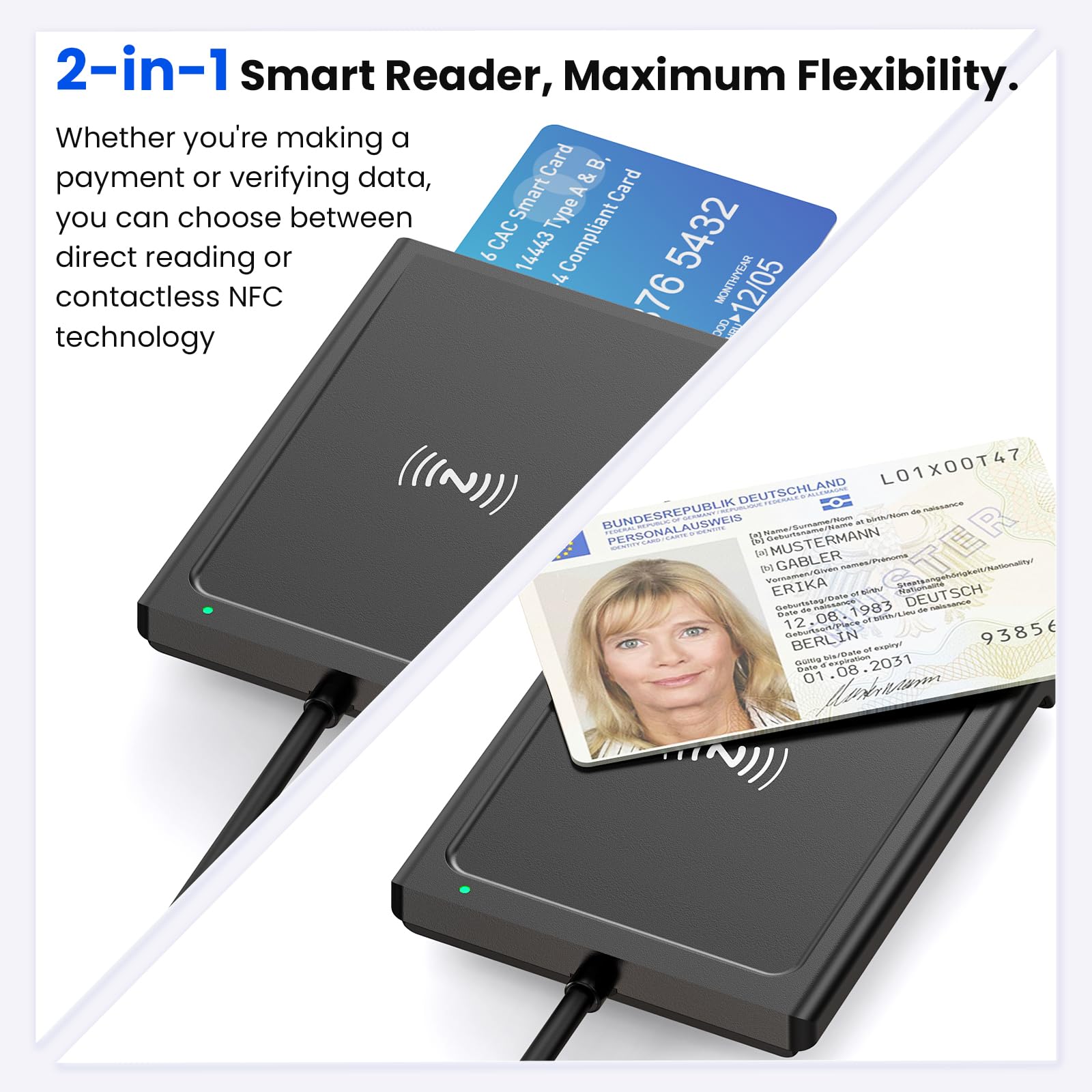 Lector de tarjetas NFC y lector de tarjetas inteligentes 2 en 1