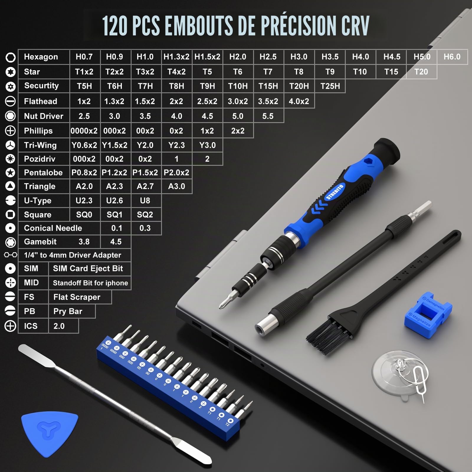 STREBITO Sets de tournevis de précision électroniques 142 pièces avec 120 embouts, kit d'outils de réparation magnétique pour iPhone, MacBook, ordinateur, portable, PC, tablette, PS4, console de jeux