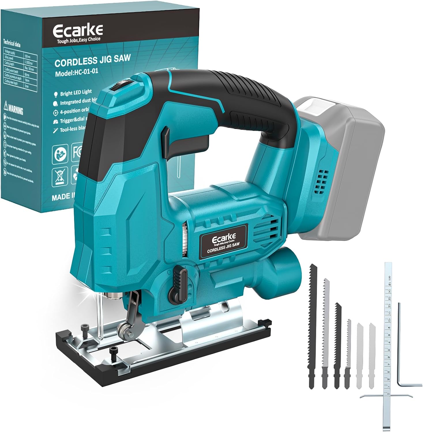 Ecarke Cordless Jig Saw Compatible With Makita 18V Battery, 4 Orbital Sets, 6 Variable Speeds Control, Dust-Blowing, ±45° Bevel Cuts, LED Light and 6PCS Blades For Cutting (Only Tool)