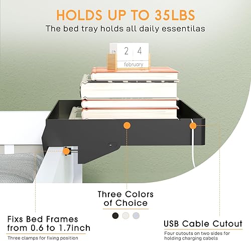 Miniatura 3 de SPACELEAD Estante de noche para cama, dormitorio universitario, mesita de noche con soporte para tazas y soporte para cables, bandeja para