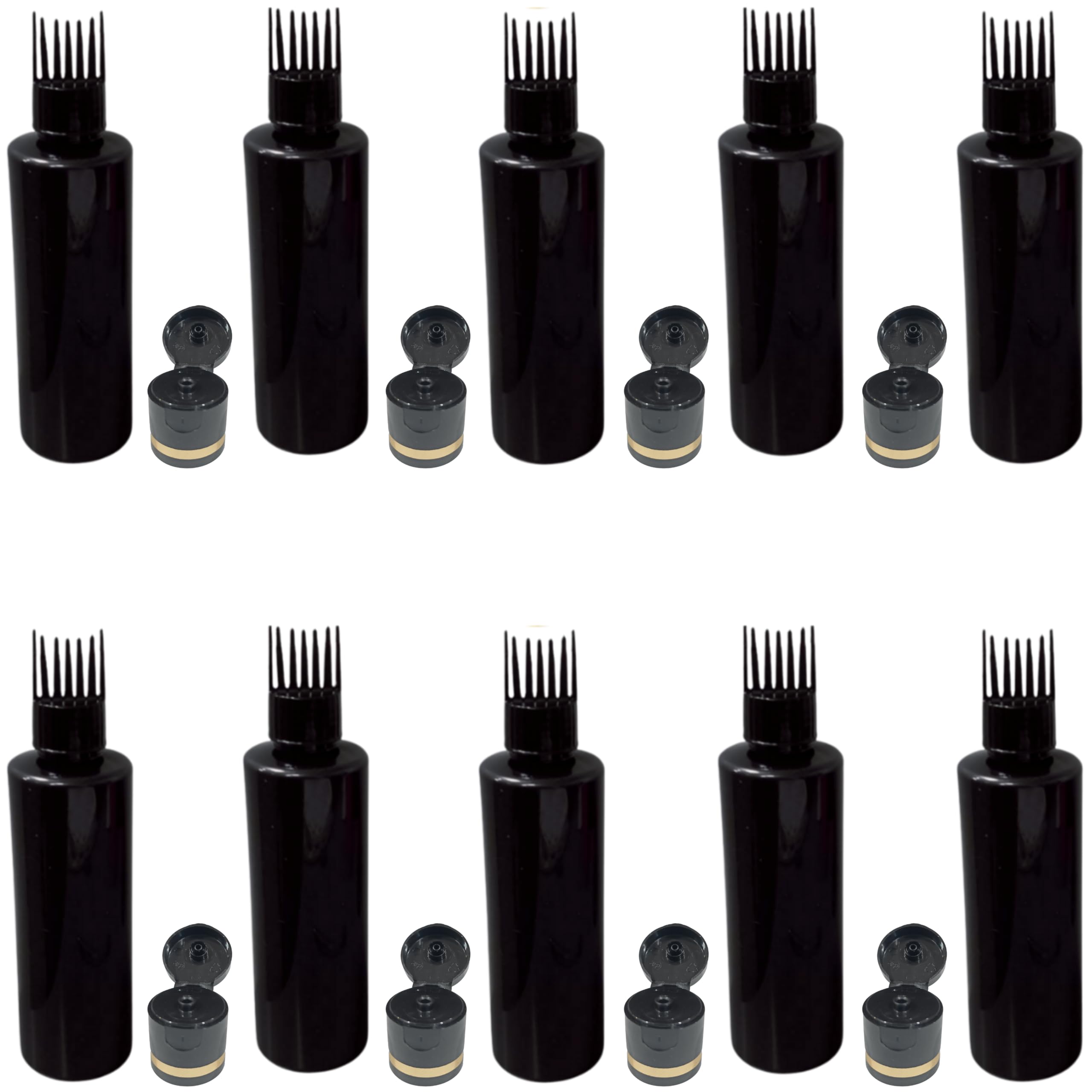 HAIRMUST Hair Root Applicator with Comb Cap for Applying Hair Oil, Shampoo,lotion.sanitizer,Hair Color,DIY and Medicine 50 ml Pack of 10 (Black comb, inner plug,Golden flip top Cap)