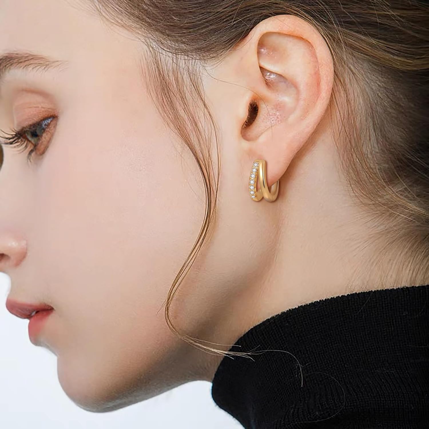 FANZE Gold Hoop Earrings, Huggie Hoop Earring for Women, 14k Gold Plated Silver with Cubic Zirconia Tiny Dainty - Image 2