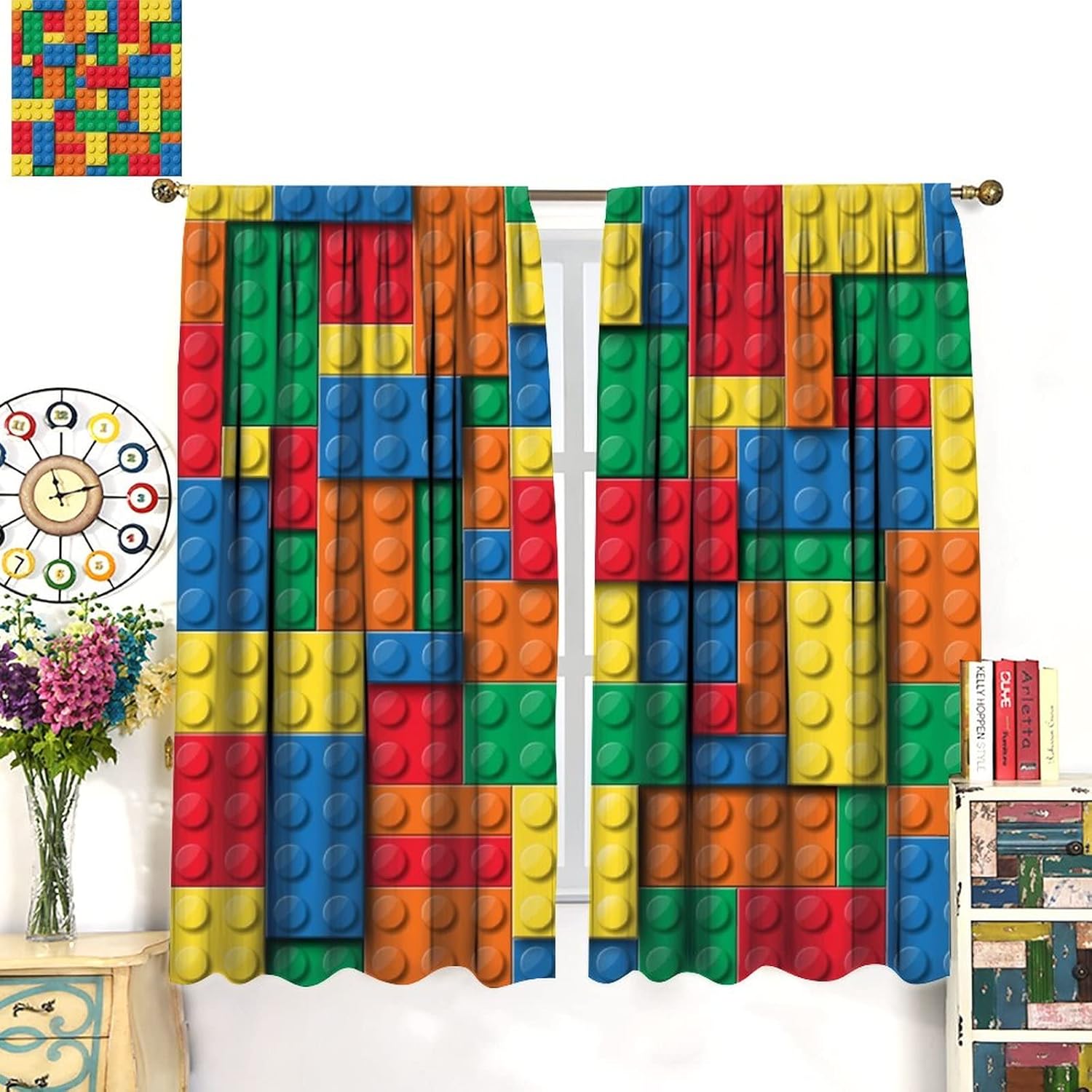 Colorful Toy Curtains for Kids Bedroom,3D Design Building Brick Blocks Printed Window Treatments for Boys Girls Room Living Room Study Nursery Drapes 2 Panels Set,Total Size 84 x 84 Inch