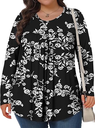 Plus Size Tops for Women Fall Long Sleeve Shirts Crew Neck Casual Loose Tunic Blouse 1XL-5XL