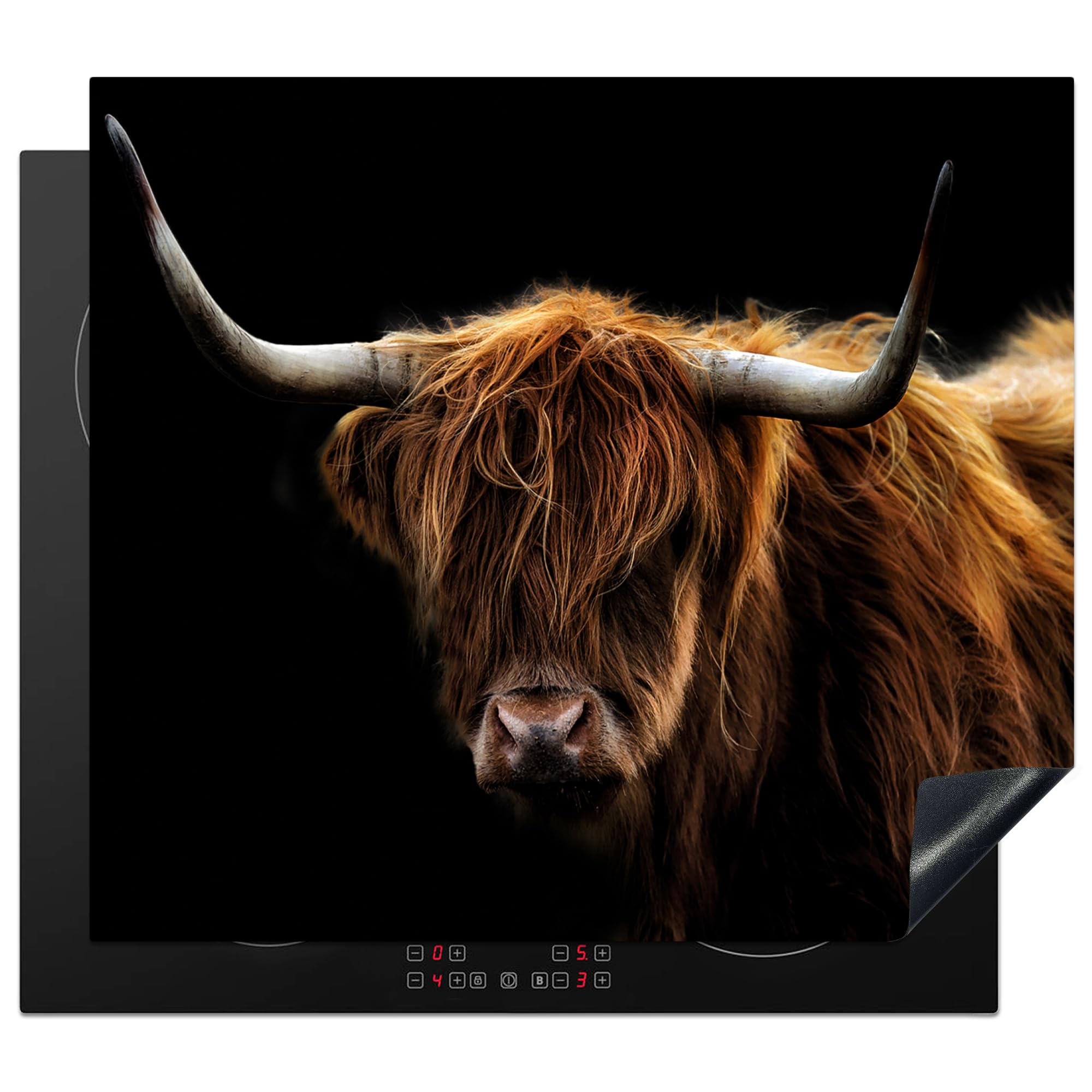 KitchenYeah© Induction Hob Protector Mat 20.5"x23.6" / 60x52 cm Cooker Top Protectors Cover Ceramic Covers Electric Hobs Vinyl Scottish Highlander - Horns - Black - Animals - Nature — image 1