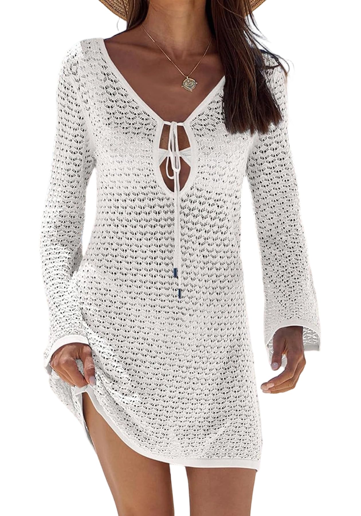 SHINFY Women Swimwear Crochet Cover Ups Long Sleeve Hollow Out Bikini Swim Suit Coverup Mini Beach Vacation Dress