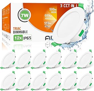 ALUSSO IP65 LED Downlights Dimmable 7W Slim Recessed Ceiling Lights, 3CCT 3000K Warm 4000K Neutral 6500K Cool Adjustable Bathroom Spotlights, White, 12 Pack [Energy Class D]