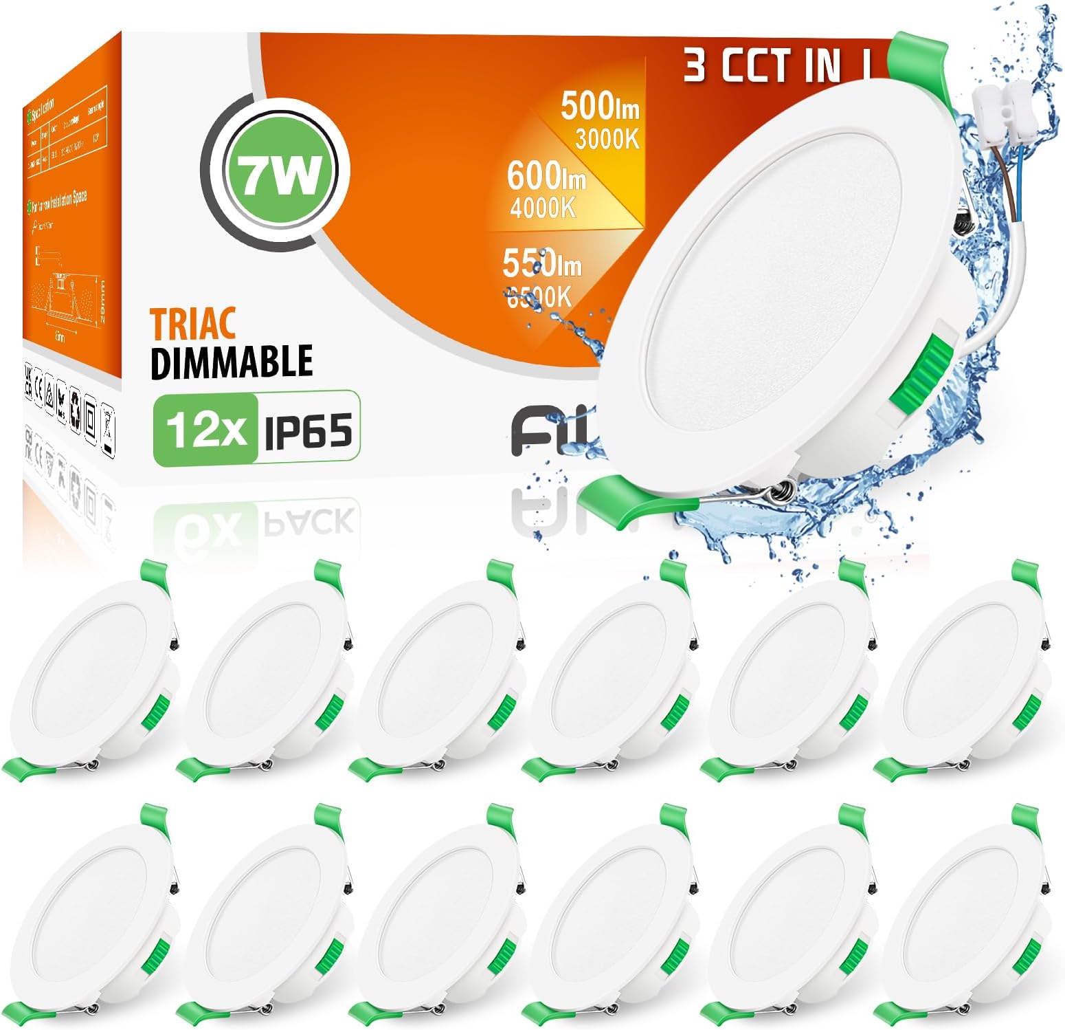 ALUSSO IP65 LED Downlights Dimmable 7W Slim Recessed Ceiling Lights, 3CCT 3000K Warm 4000K Neutral 6500K Cool Adjustable Bathroom Spotlights, White, 12 Pack