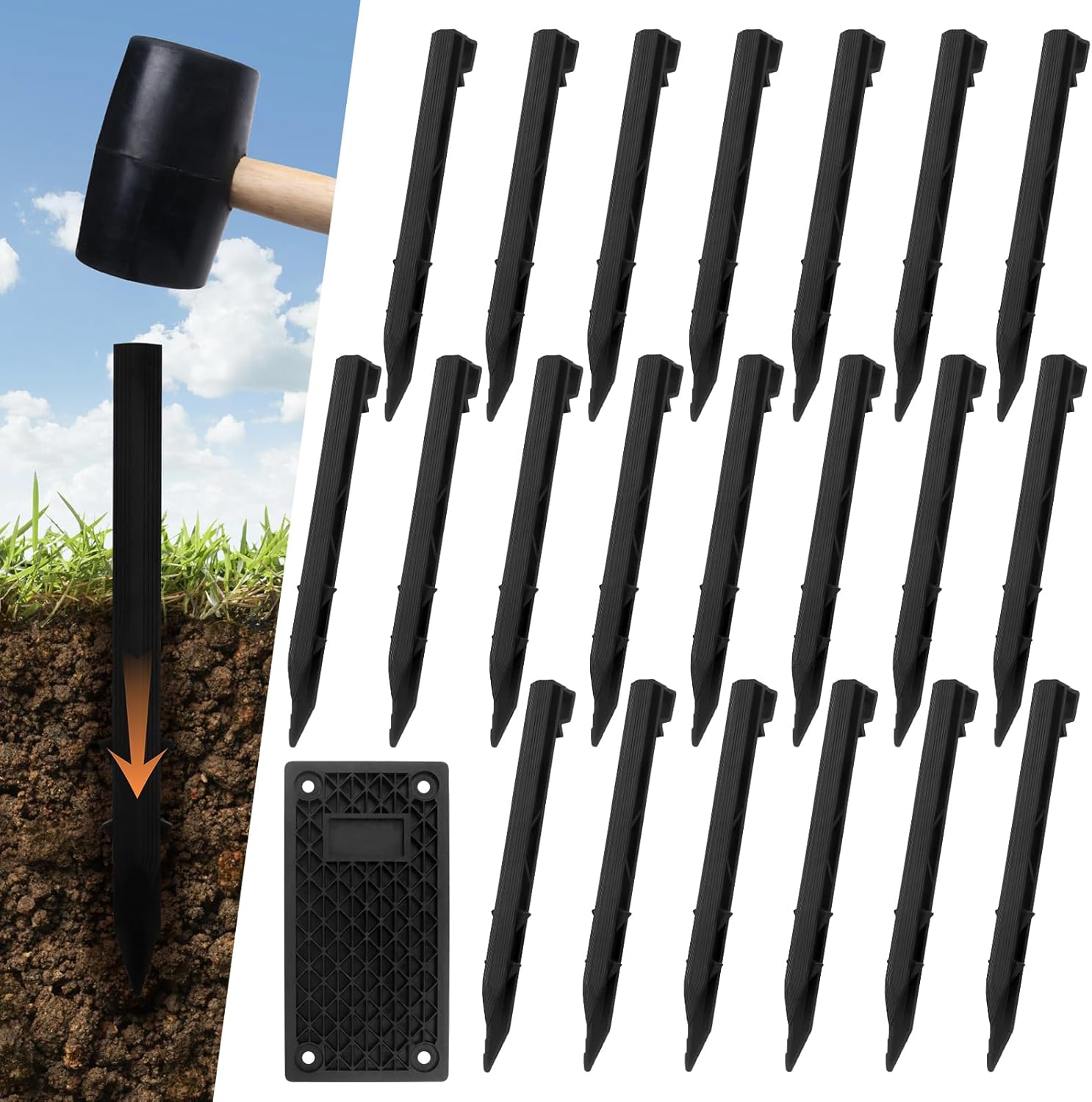 36 Pack Plastic Landscape Edging Anchoring Stakes, 9.8 Inch Heavy Duty Spikes with Plastic Panel for Terrace, Garden Lawn Yard Stakes for Paver Edging Weed Barrier, Black