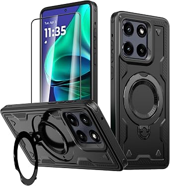 for Motorola Moto G Stylus 5G 2025 Case with Screen Protector, [Compatible with MagSafe] [Military Grade] Ring Stand Soft TPU PC Drop Shockproof Rugged Protection Phone Black
