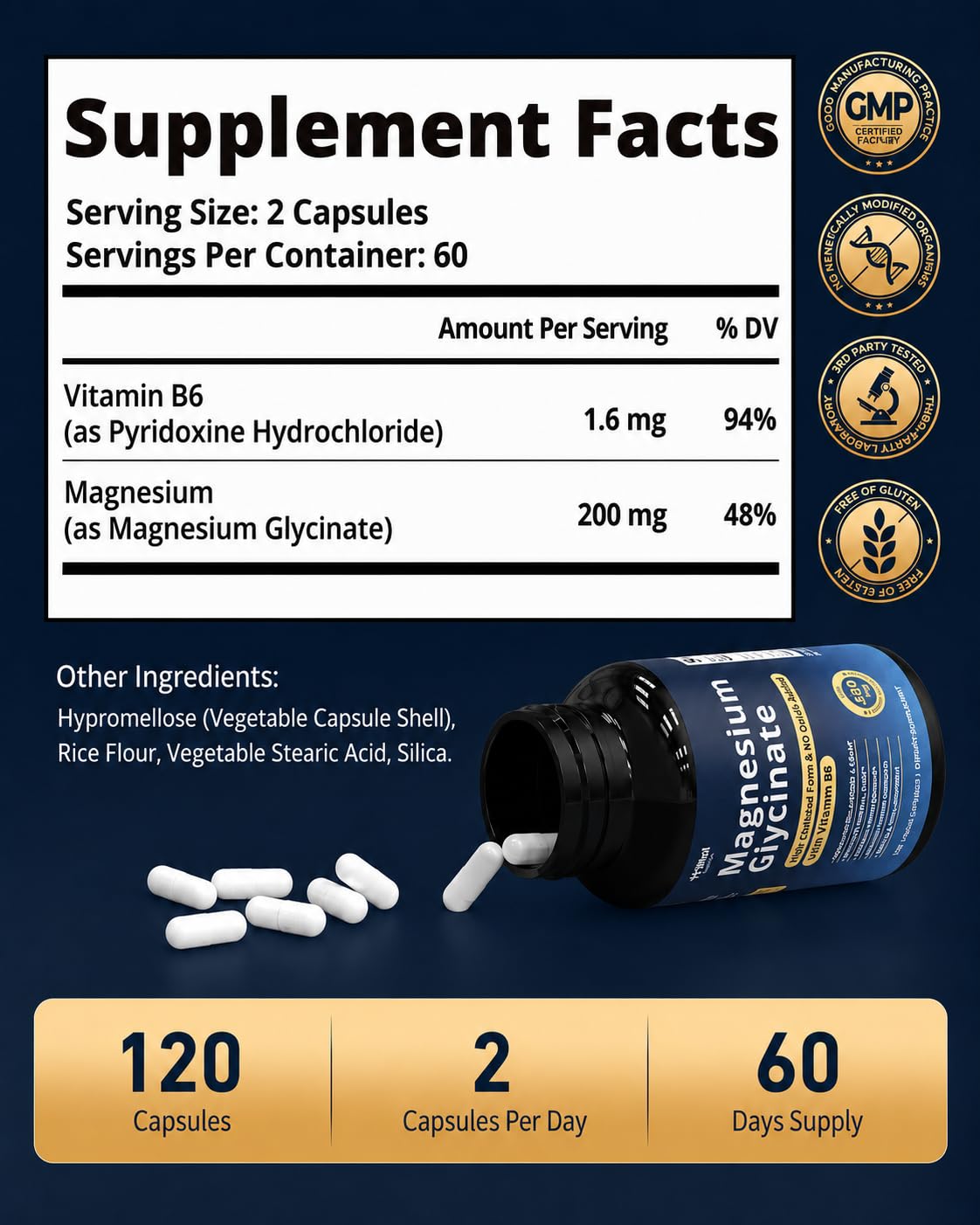 Magnesium Glycinate 200mg with Vitamin B6 for Women & Men, 120 Capsules — Amazon image 10