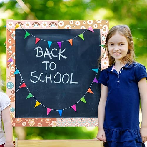 Miniatura 5 de Tablero de anuncios Groovy de 69 pies, diseño bohemio, tiras rectas, retro, hippie con margarita sonriente y borde arcoíris para guardería, escuela