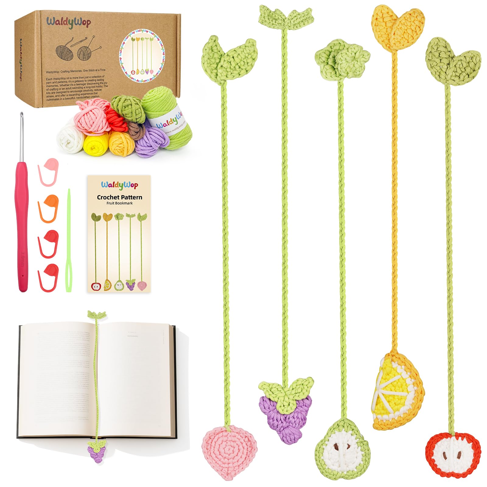 WaldyWop Crochet Kit for Beginners, 5 PCS Fruit Bookmarks Crochet Kits