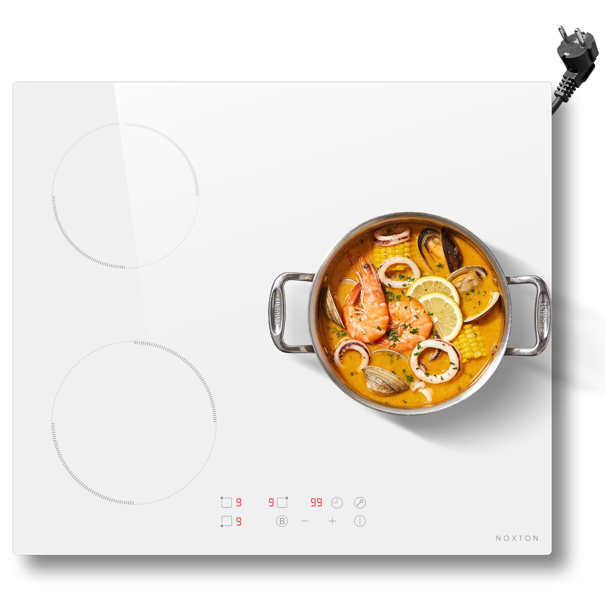 NOXTON Placa de Inducción 3 Fuegos, Induccion Blanca, Empotrado de 60 cm, Función de Boost, Control táctil, Temporizador, Bloqueo de Seguridad, Apagado Automáti, 220 V - 240 V, 3500 W, con Enchufe