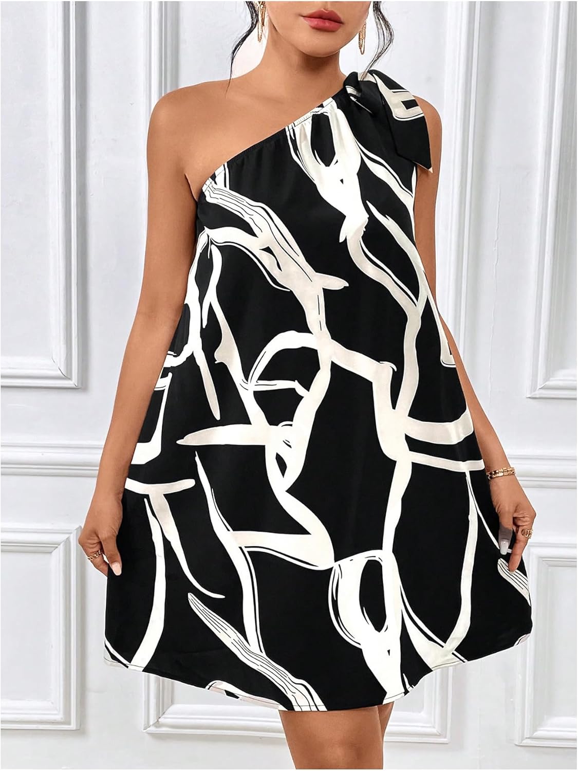 Floerns Women's Allover Print Knot One Shoulder Sleeveless Casual Tunic Dress - Image 5