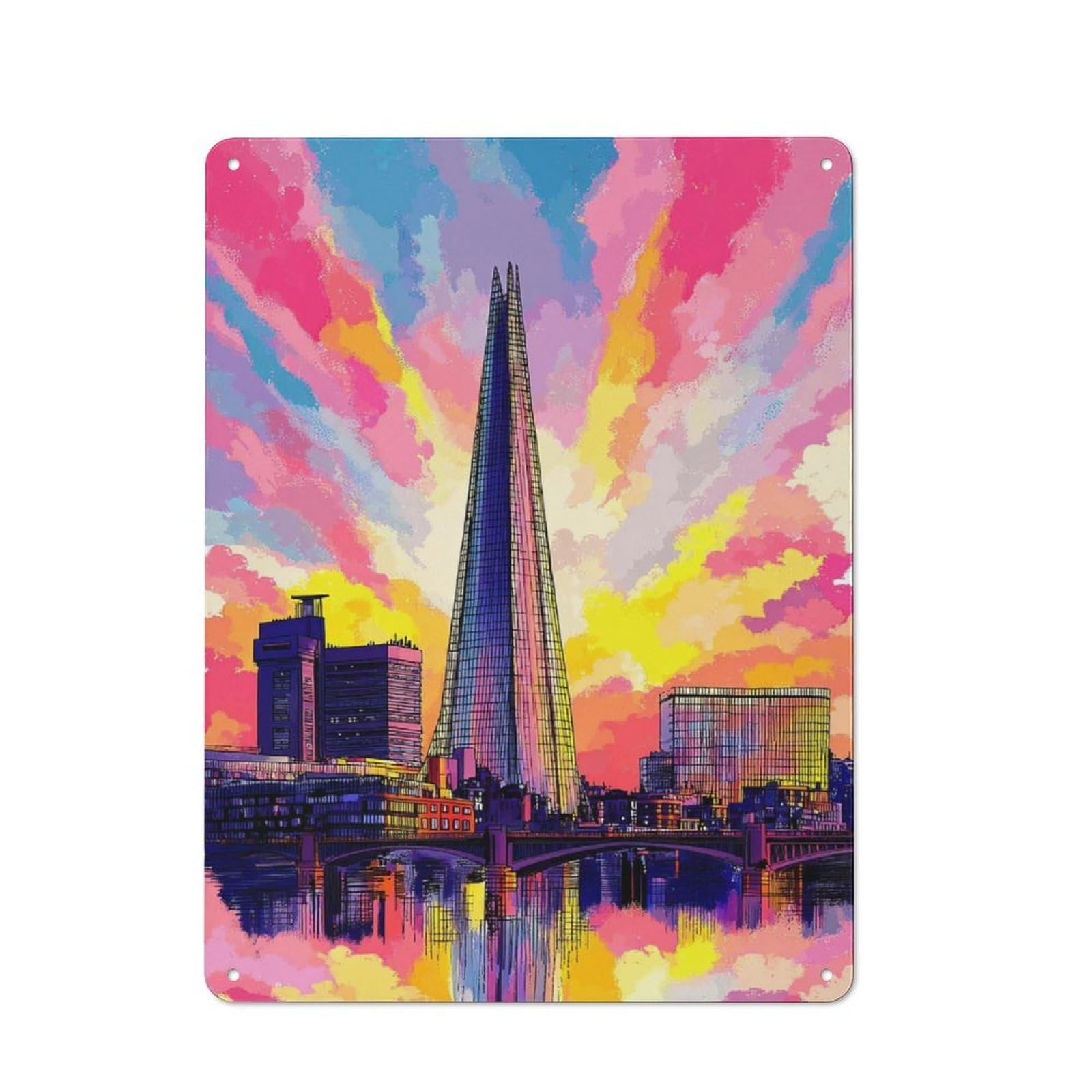 Junmoney London Skyline With Colorful Clouds Metal Sign 40X30cm, Vintage Bar Wall Plaque For Diner, Restaurant, Shed Or Kitchen