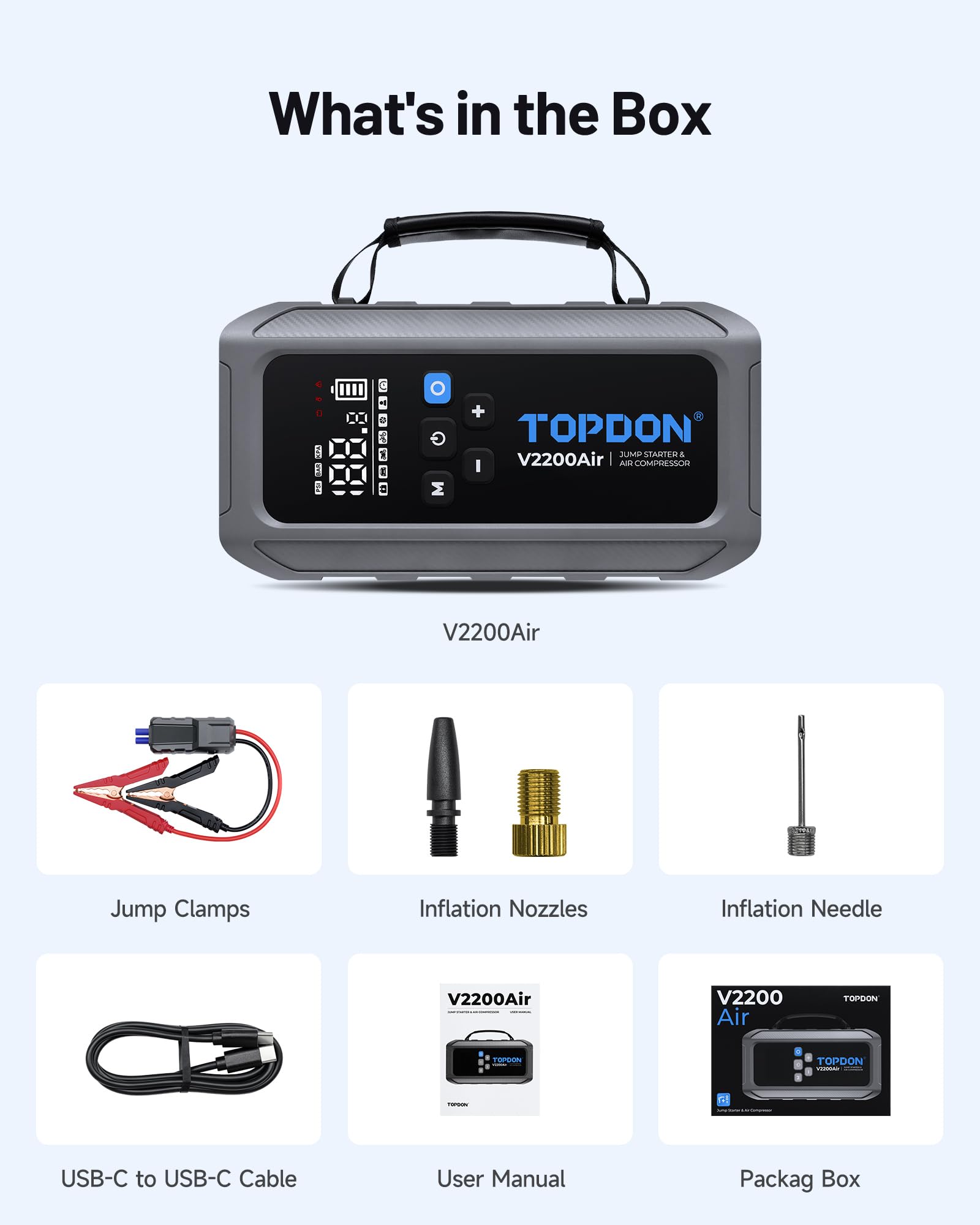 TOPDON V2200Air Power Bank di avviamento per auto con compressore d'aria da 150 PSI, motore diesel da 8 l e benzina da 6 l, avviatore automatico (avvio immediato in 2 secondi), compressore pneumatico