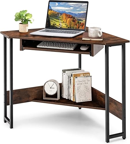 MEDIMALL Escritorio triangular para computadora, mesa de escritura de esquina pequeña con tomas de corriente, bandeja para teclado y estante de