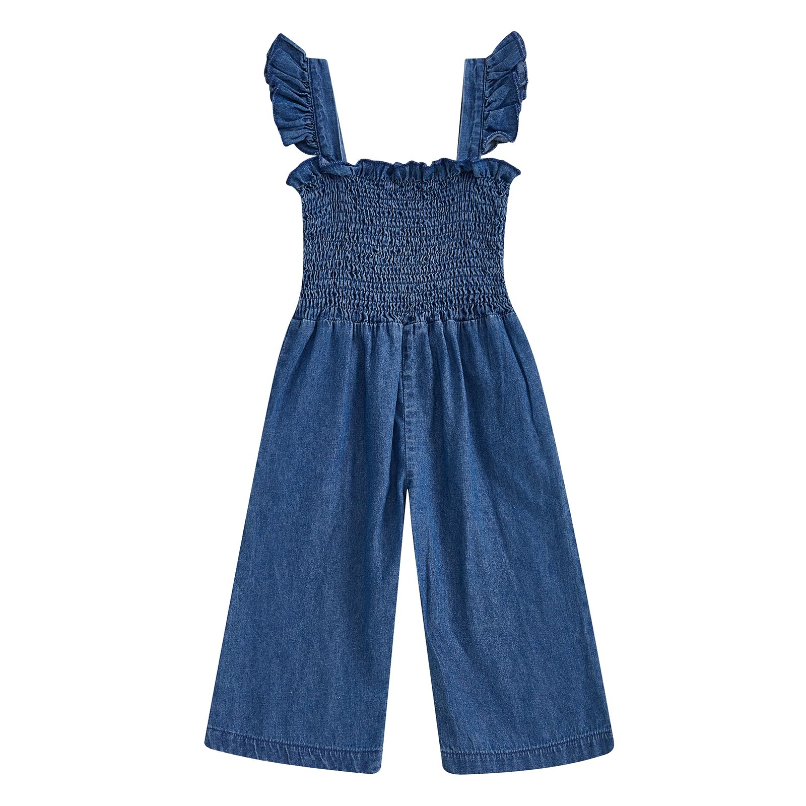 Gaono Baby Girl Denim Clothes Toddler Wide Leg Romper Sleeveless Ruffle Strap Smocked Bell Bottom Jean Overalls Jumpsuit