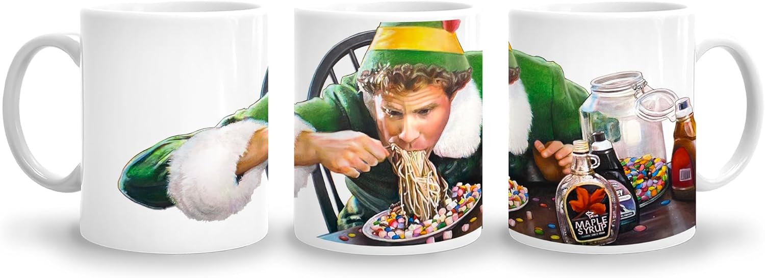 Buddy the Elf Syrup Breakfast Scene Holiday Coffee Mug, Will Ferrell Fan Art, Christmas Movie Lover Gift, Film Buff Wall Art, Colored Pencil Drawing (15 oz. Ceramic Mug)