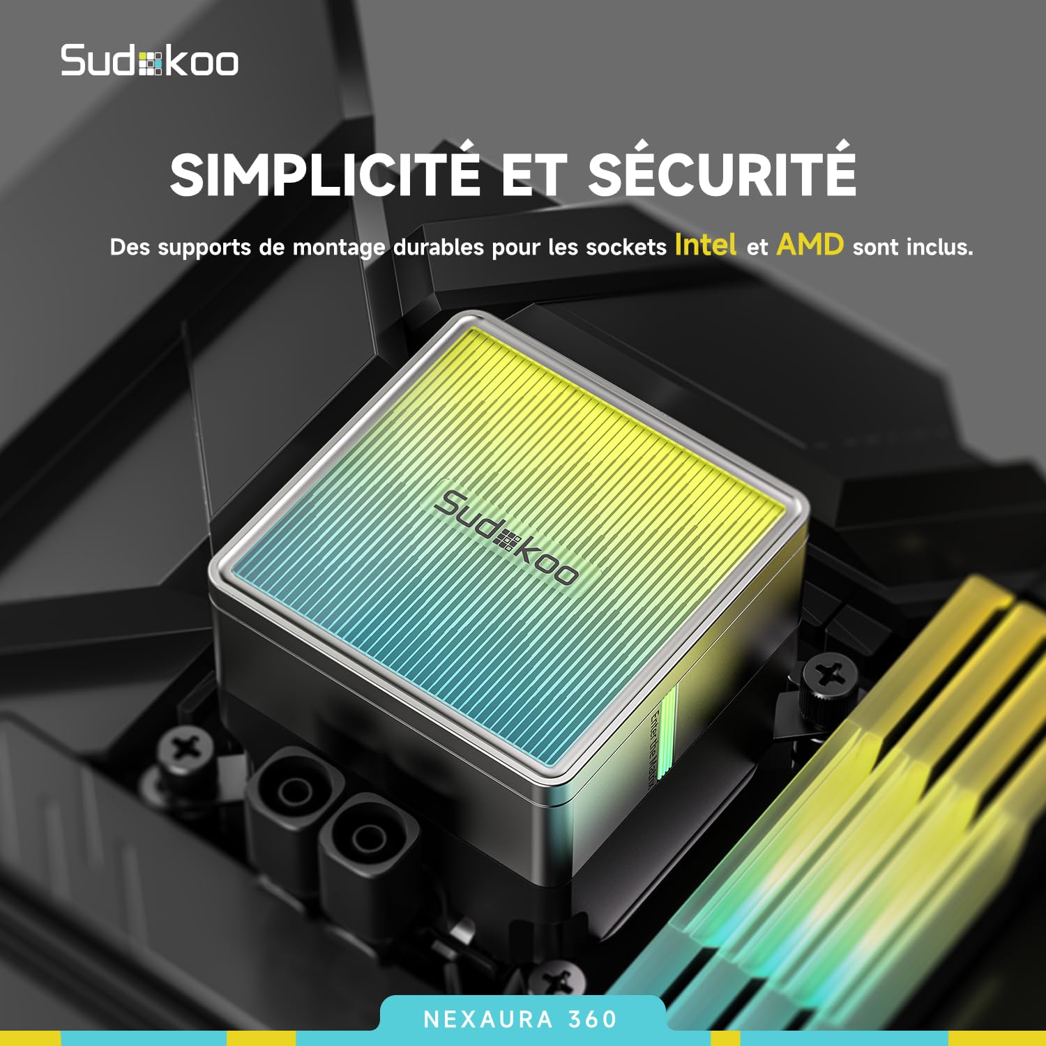 Sudokoo NEXAURA 360 Refroidisseur Liquide de CPU, Watercooling avec Pompe PWM, Tête de Pompe ARGB, TDP 300W, Ventilateurs FDB, Intel LGA 1851/1700/1200/115X AMD AM5/AM4