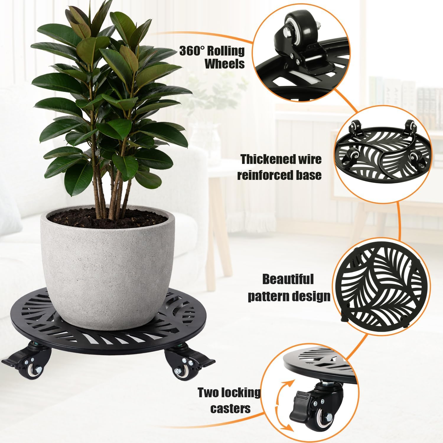 12" Metal Plant Caddy with Wheels Set of Two Large Heavy-duty Rolling Plant Stands with Casters Wheeled Planter Dolly Pot Mover Rollers Rust-proof Round Garden Trolley Coasters for Indoor Outdoor Use