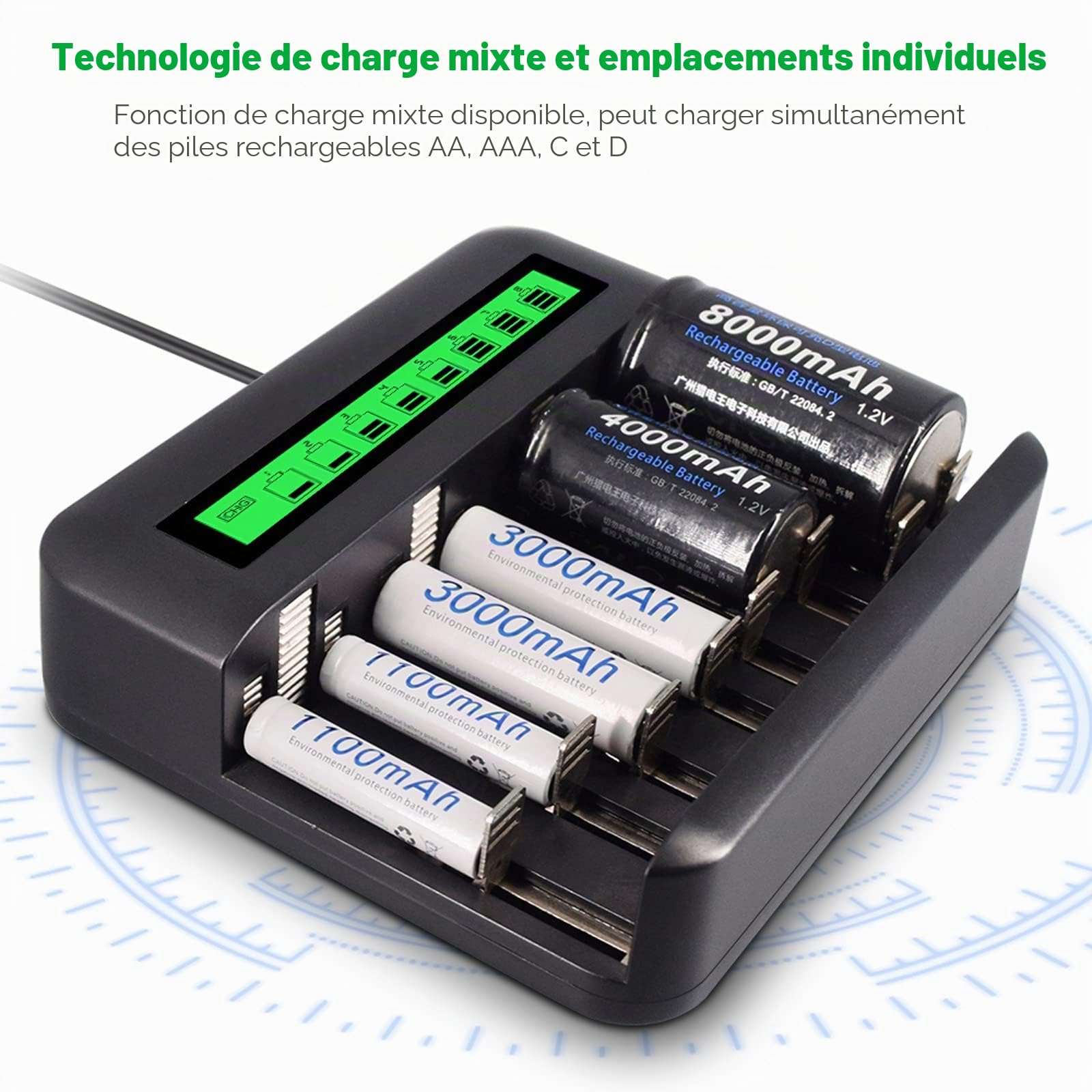 CITYORK 4pcs D Cell 8000mAh Piles Rechargeables avec 8 Fentes AA/AAA/C/D Ni-MH Chargeur de Batterie Ni-CD