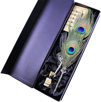SpyShop Peacock Feather Pen Quill Ink Pen Set- Antique Feather Writing Dip Ink Pent Handmade Heart-Shaped Pen Holder Writing Dip Pen Calligraphy Gift Set