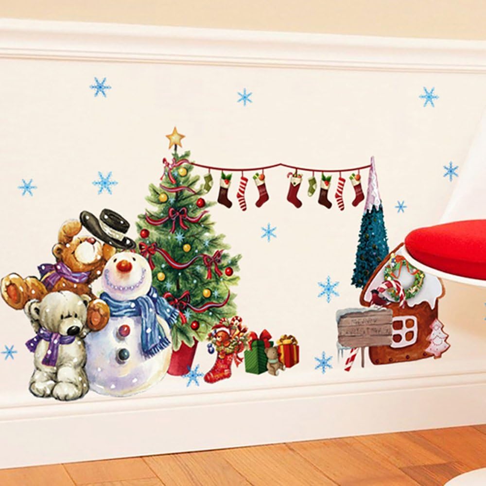 ANBER Merry Christmas Wall Sticker Santa Snowman Removable Vinyl Wall Decals Window Xmas Self-Adhesive Holiday Home Decoration