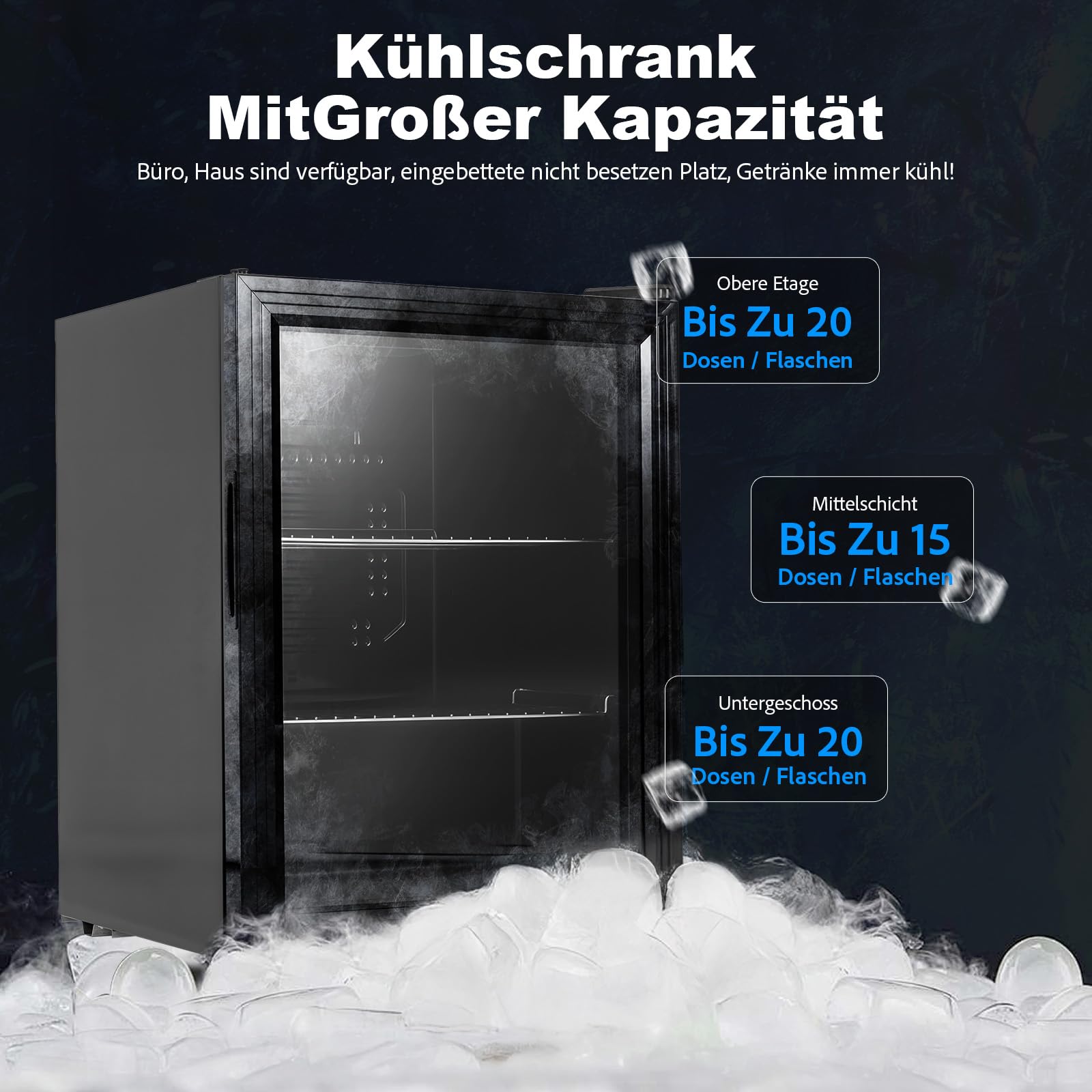 Trintion Mini Kühlschrank 60L mit Glastür, Getränkekühlschrank leise 2-10°C, Kompressor Kühlschrank LED