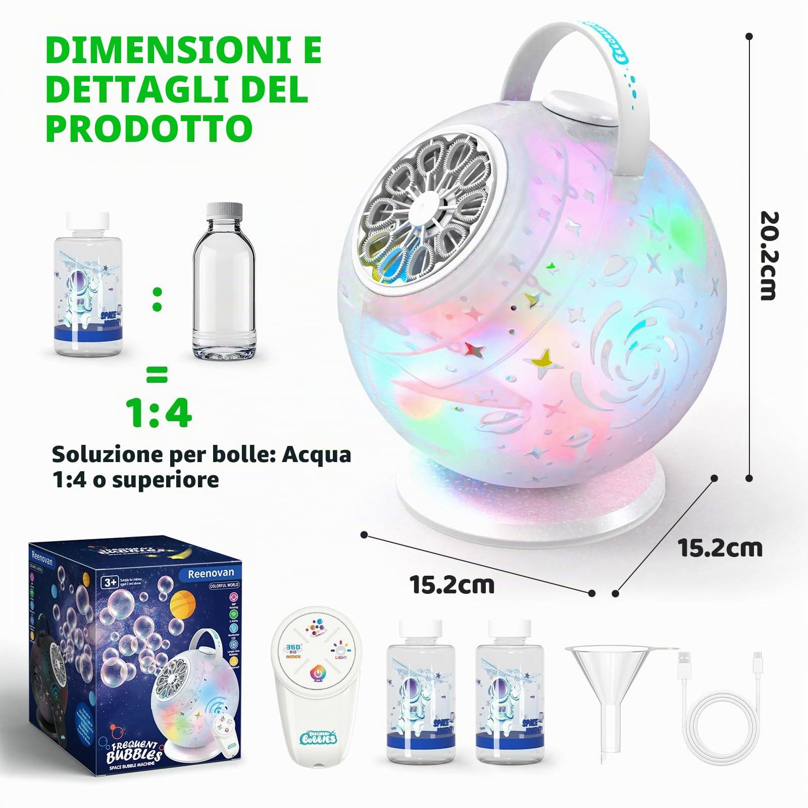 Tecnock Macchina Generatore di Bolle Ricaricabile con Telecomando, Rotazione 90°/360°, 20000+ Bolle/Min, LED 7 Colori, Batteria 1200 mAh, USB-C, 45 Min di Autonomia, Serbatoio 420 ML, per Bambini
